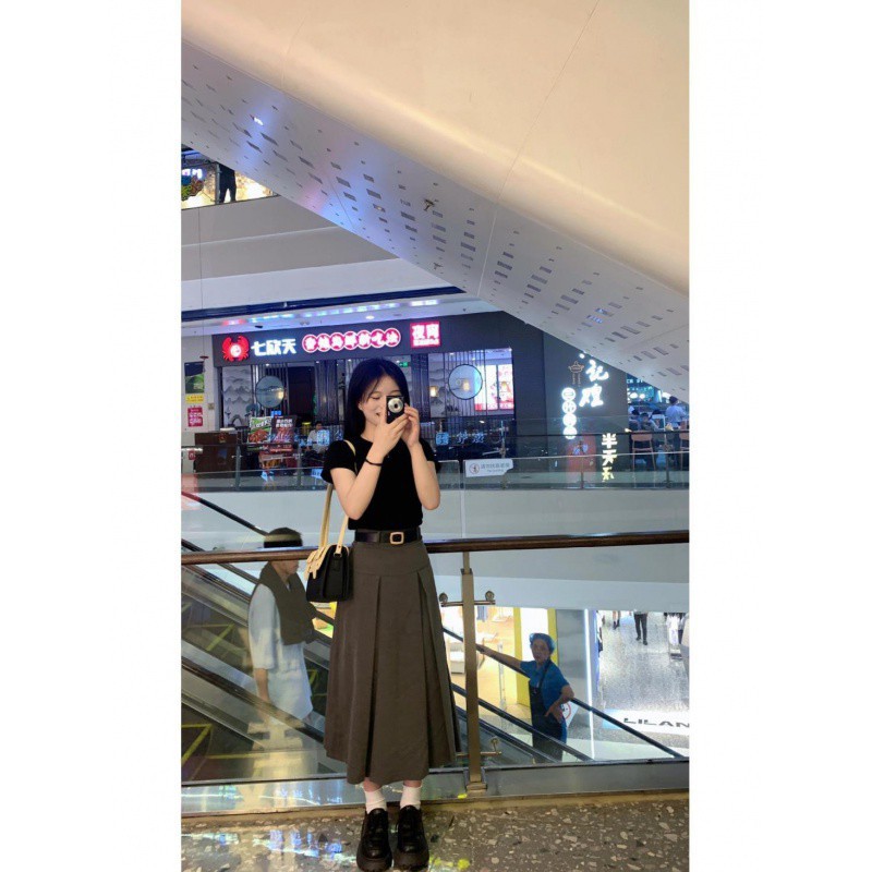 (2개) 플러스 사이즈 그레이 하이 허리 주름 A 라인 우산 치마 여성 여름 통통녀 세트 반팔 어깨 티셔츠 투피스 유행 세트
