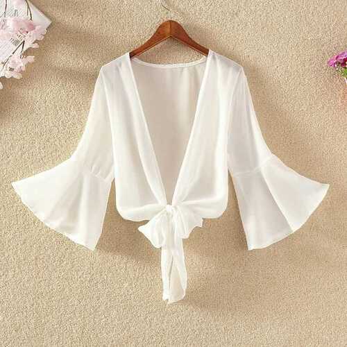 Summer Short-Sleeve Chiffon Scarf Collar Outerwear, Paired with Slip Dress, Women's Versatile Cover-up, Thin Open Cardigan