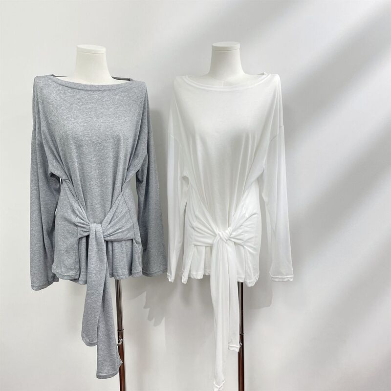 Sweet and Spicy Girlfriend Design Sense Strap Waist Slimming Long-sleeved T-shirt Summer Thin Loose Sunscreen Shirt Chic Top