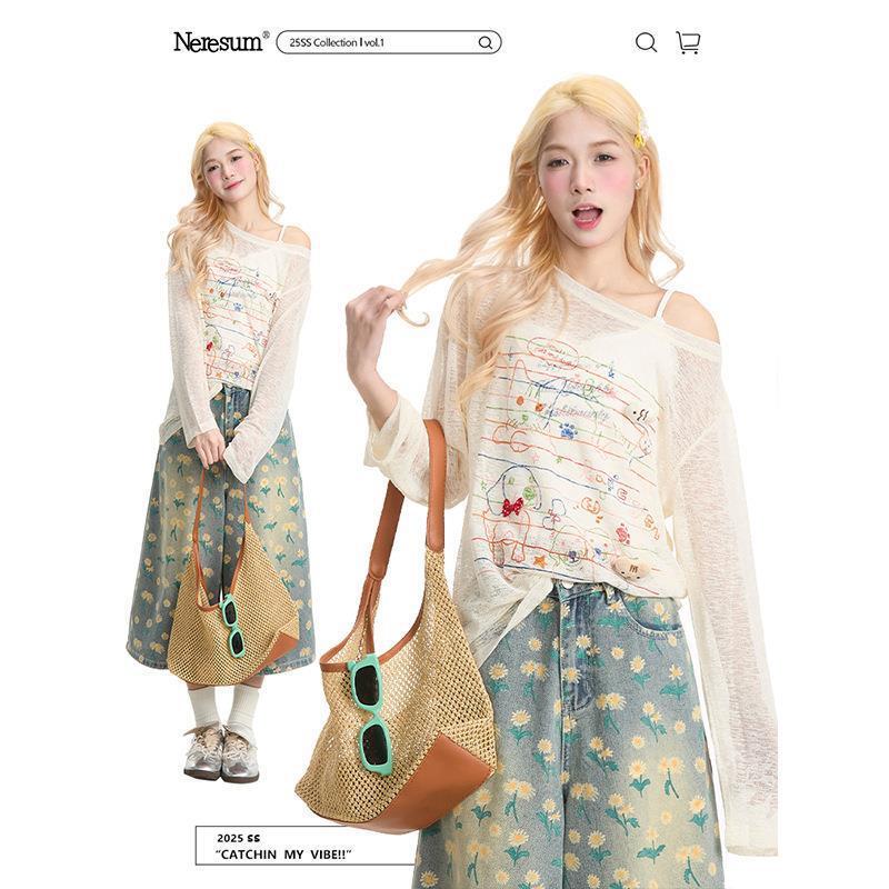 Pink Cute Graffiti Off-Shoulder Long-Sleeved T-Shirt for Women 2025 New Pure Lust Style Slimming Look Versatile Slightly See-Through Blouse