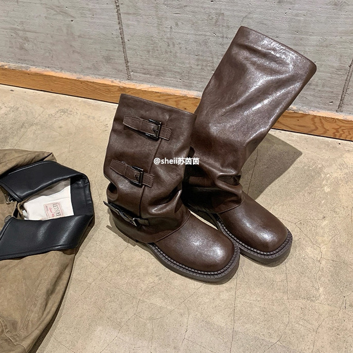 【苏茵茵】辣妹裤管靴~6.5cm增高扣带中筒西部骑士长靴女堆堆短靴|undefined
