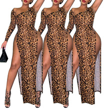 86730  亞馬遜eBay歐美女裝新款單袖性感中腰開口豹紋印花連衣裙