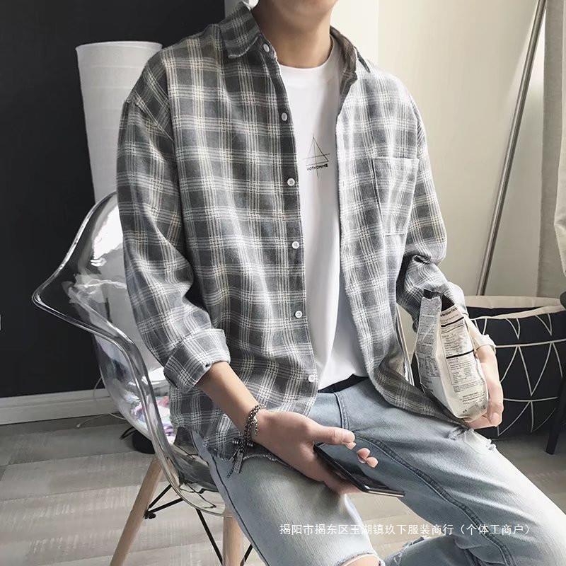 Hong Kong style plaid shirt men's long sleeve loose Korean fashion brand students autumn shirt coat shirt inch shirt wholesale Hong Kong style plaid shirt men's long sleeve loose Korean fashion brand students autumn shirt coat shirt inch shirt wholesale