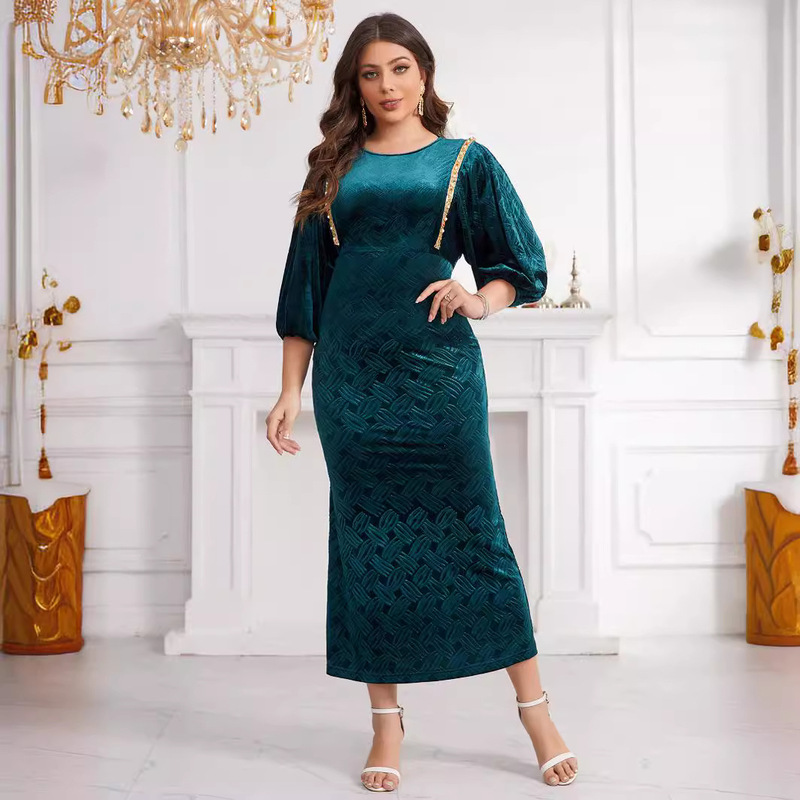 Cross-Border Supply Velvet Embossed Round Neck Hand-Beaded Lantern Sleeves Slim Fashion Dress Special Price Cross-Border Supply Velvet Embossed Round Neck Hand-Beaded Lantern Sleeves Slim Fashion Dress Special Price