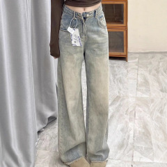 【韩牛】高腰阔腿牛仔裤女小个子2025新款设计感浅色直筒裤垂感
