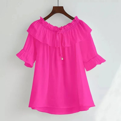 Slimming One-Shoulder Blouse with Bellows Sleeve and Pleated Hem, Korean Style Loose Top for 2025 Summer Trend