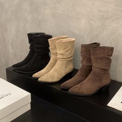 美踏家~高跟尖头卡其色瘦瘦法式小短靴女款2025年新款增高堆堆靴