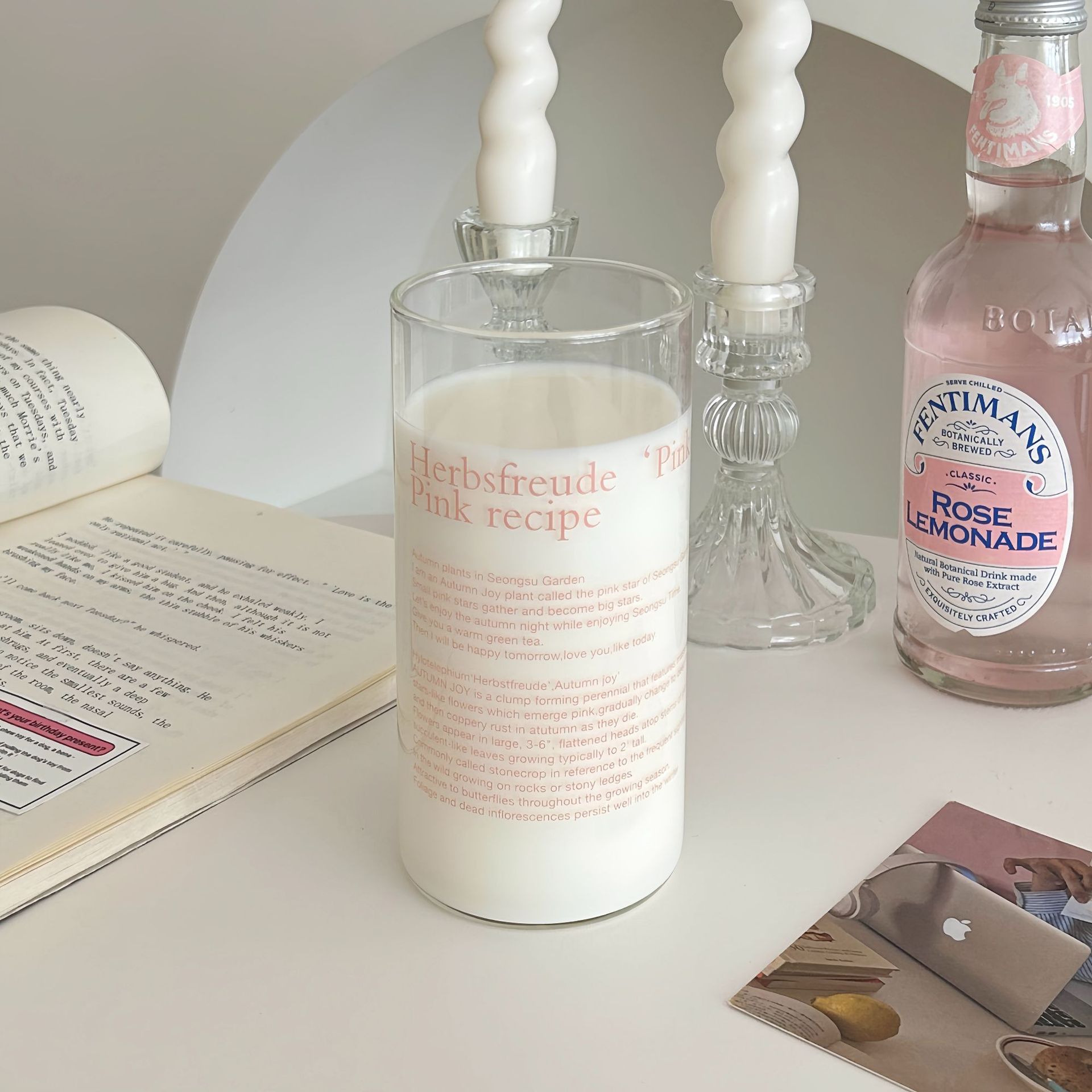 Korean ins Same Style Pink White High Borosilicate Glass Simple Letter Coffee Cup Juice Cup Milk Cup