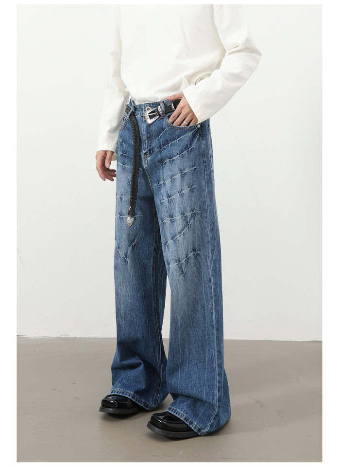 Quần jeans nam dáng rộng ống thẳng họa tiết sét chất liệu washed phong cách đường phố — màu xanh, màu xám đen chi tiết 22
