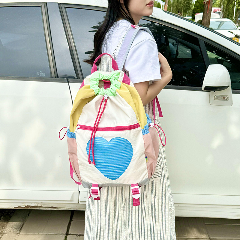 Mochila de mujer de color de contraste de moda coreana, linda mochila escolar con cordón de estilo occidental, mochila de viaje de montaña de gran capacidad