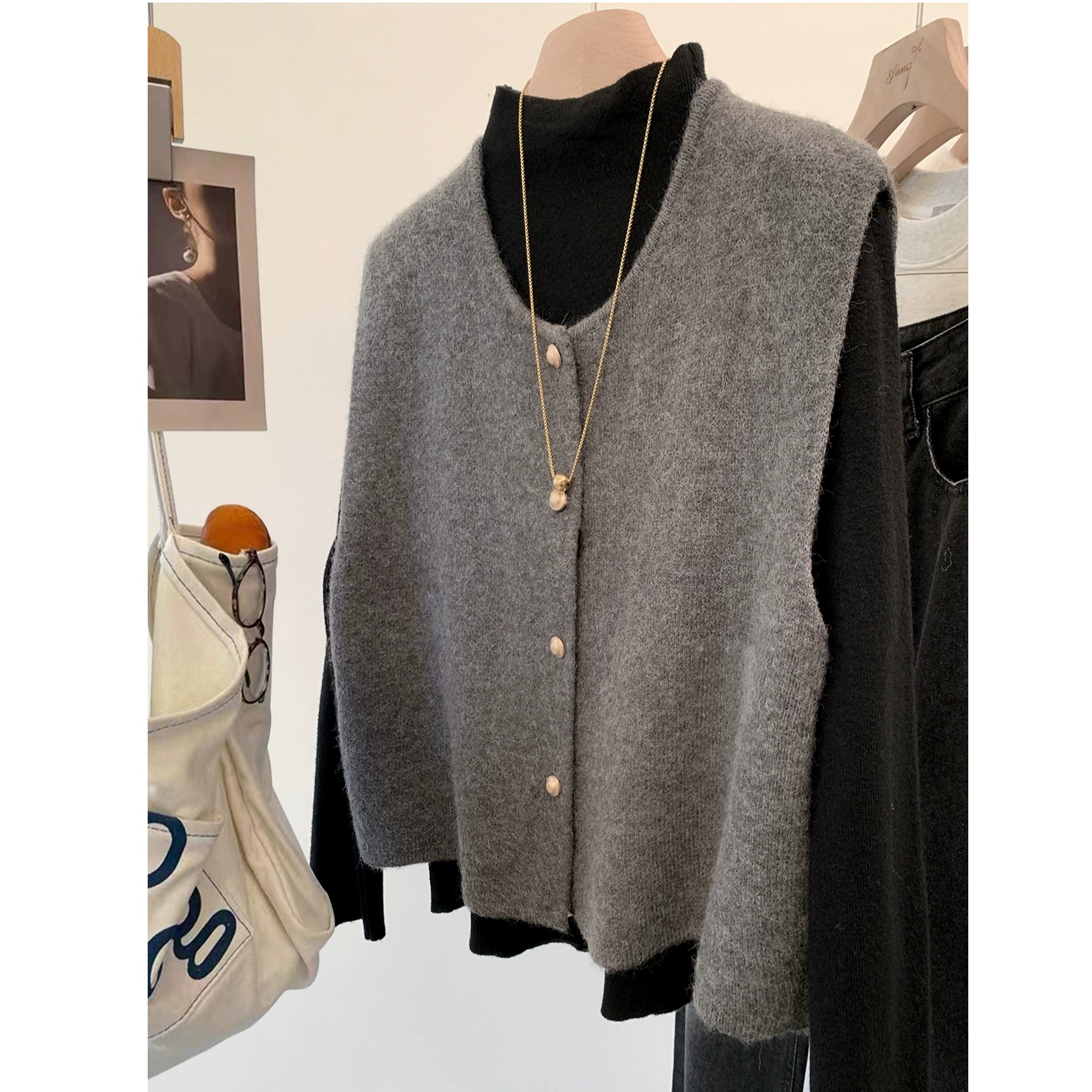 Жилет свободный трикотаж дикотаж модный новый тонкий дном повседневный дымчатый серый абрикос