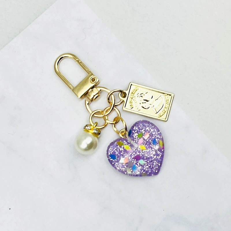 Keychain heart pendant, pearl charm, glitter coin tag, 7×3.5×1 cm, lightweight accessory