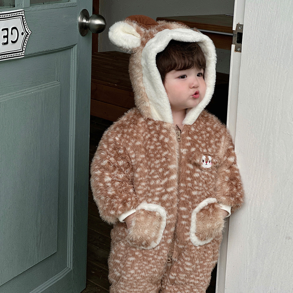 Mono de Felpa para Bebé Niño, Diseño de Ciervo, Grueso, Cálido, Cómodo, Suave y Elegante, Invierno 2025