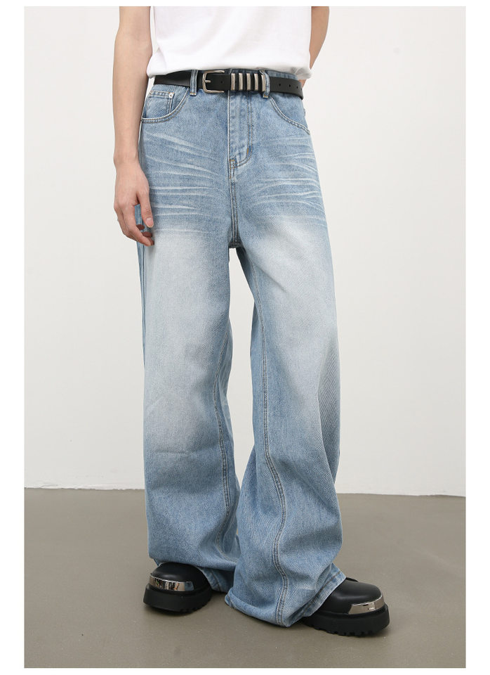 Quần jean nam ống đứng dáng suông rộng, vải denim giặt nước hiệu ứng nếp gấp, phong cách đường phố — Màu xanh lam chi tiết 10