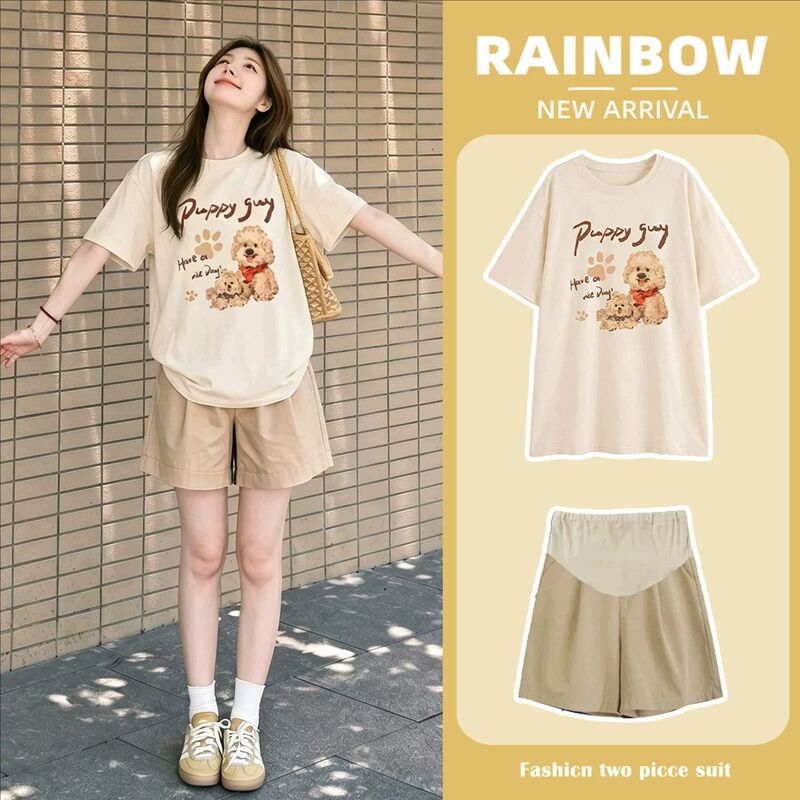 Maternity Wear Cute Puppy Print T-Shirt Loose Casual Short-Sleeved Top and Shorts Two-Piece Set for Summer during Pregnancy Maternity Wear Cute Puppy Print T-Shirt Loose Casual Short-Sleeved Top and Shorts Two-Piece Set for Summer during Pregnancy