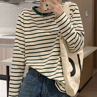 纯棉条纹打底衫女内搭春秋洋气宽松显瘦百搭长袖t恤休闲外穿上衣