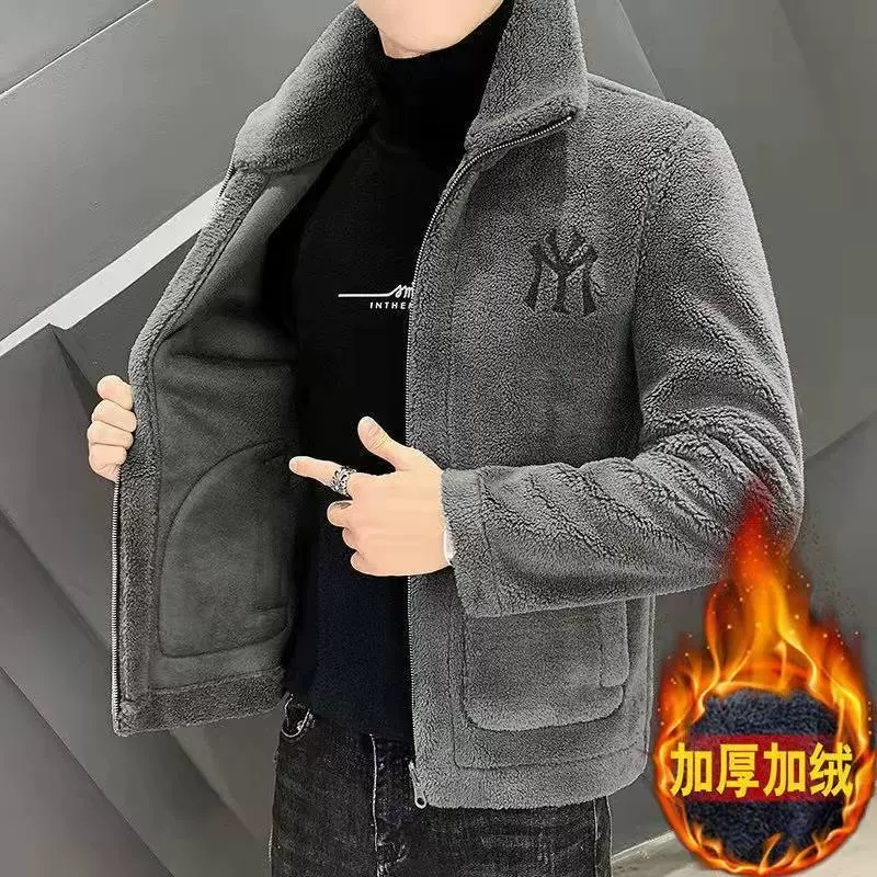 2023男秋冬新款羊羔绒外套男士立领潮流加绒加厚男装棉服外套潮