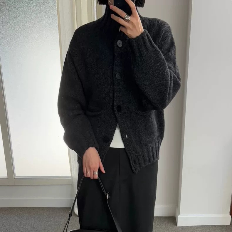 In Stock 2025 Winter New Korean Style Not*Ing Written Sweater Stand Collar Rolled Edge Pocket Knit Cardigan