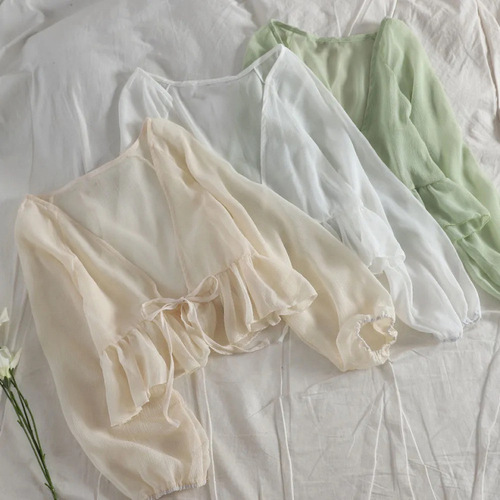 Women's Loose Chiffon Short-Sleeve Sun Shirt with Lotus Leaf Edge Ties, Lantern Long-Sleeve Open Top, Outerwear Shawl, Paired with Slip Dress