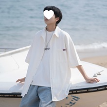 CityBoy日系叠穿纯色短袖衬衫男夏季新款休闲白色工装衬衣外套潮