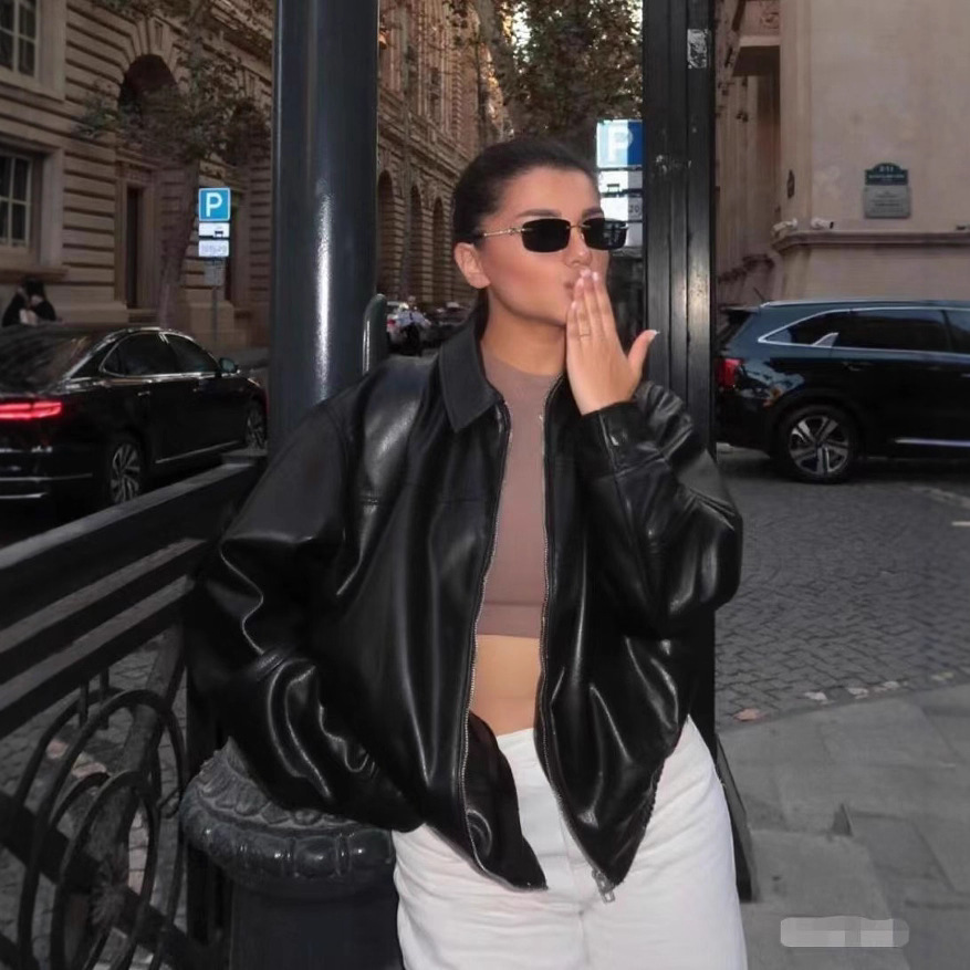 2025 Autumn New European and American Style High-End Maillard Solid Color Fashion Versatile Faux Leather Pilot Jacket Coat