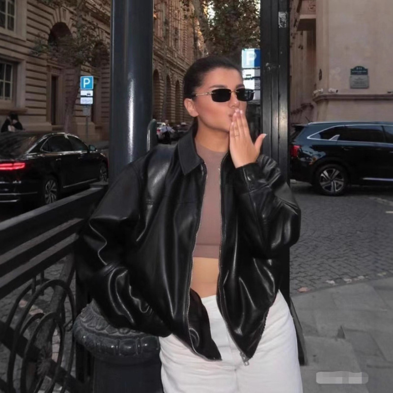 2026 Autumn New European and American Style High-End Melard Solid Color Fashionable Versatile Faux Leather Bomber Jacket