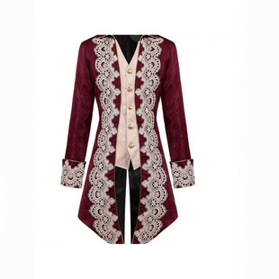 Men's Steampunk Medieval Tail Coat, Gothic Victorian Dress Coat Uniform with Lace