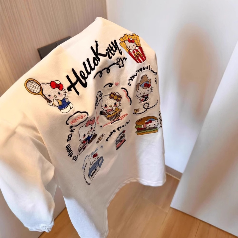 女性用の実用的な刺繍入り漫画かわいいキティ猫半袖Tシャツ、夏のゆったりとしたニッチなデザイン、多用途のトップス|undefined