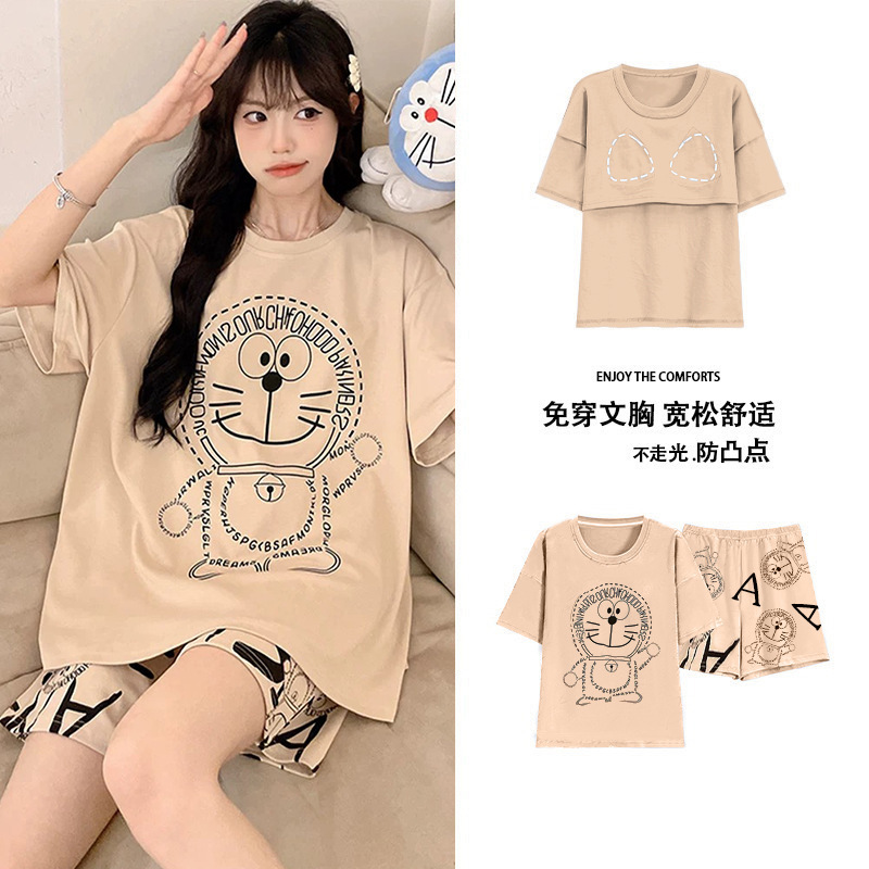 睡衣女夏季短袖套甜美带胸垫韩版卡通学生休闲宽松大码宿舍家居服|undefined