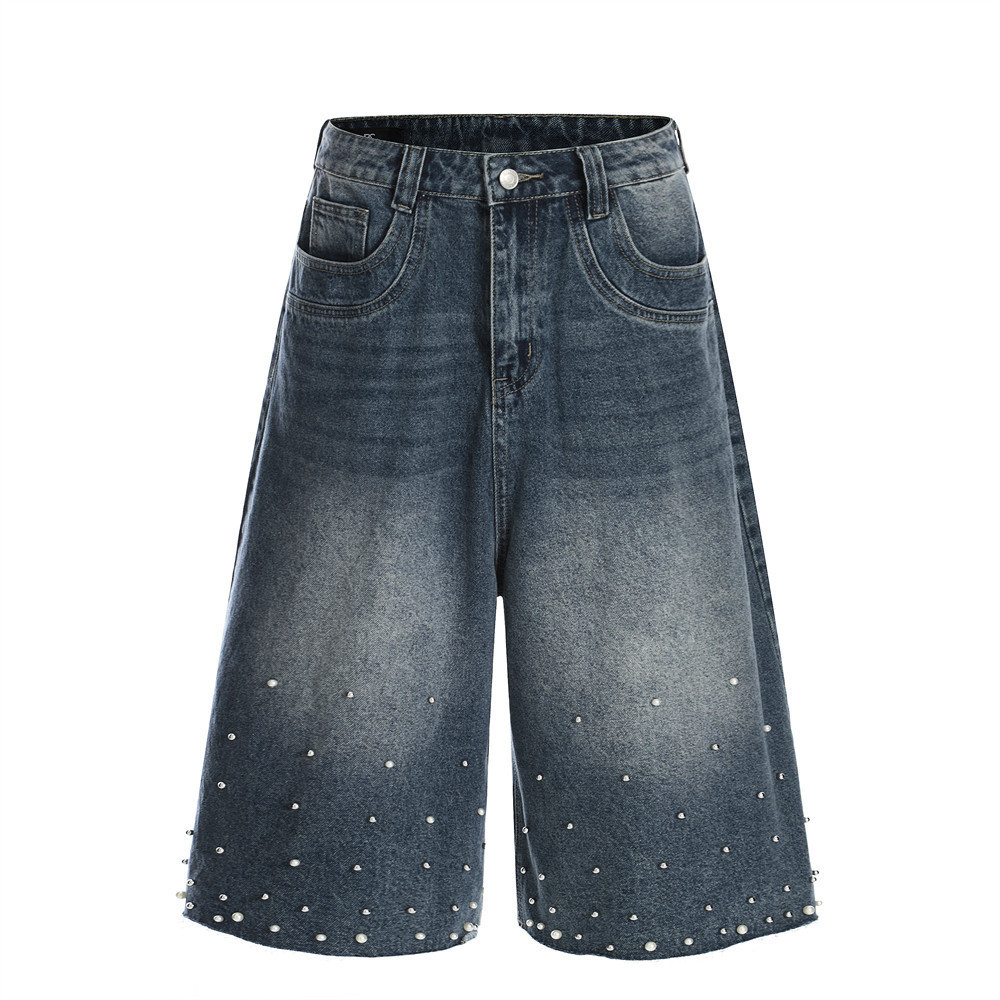 Men's Vintage Washed Denim Jeans Distressed Cat Whisker Rhinestone Embellished Baggy Pants High-Quality Cotton B3072 Blue_mkmklike.com