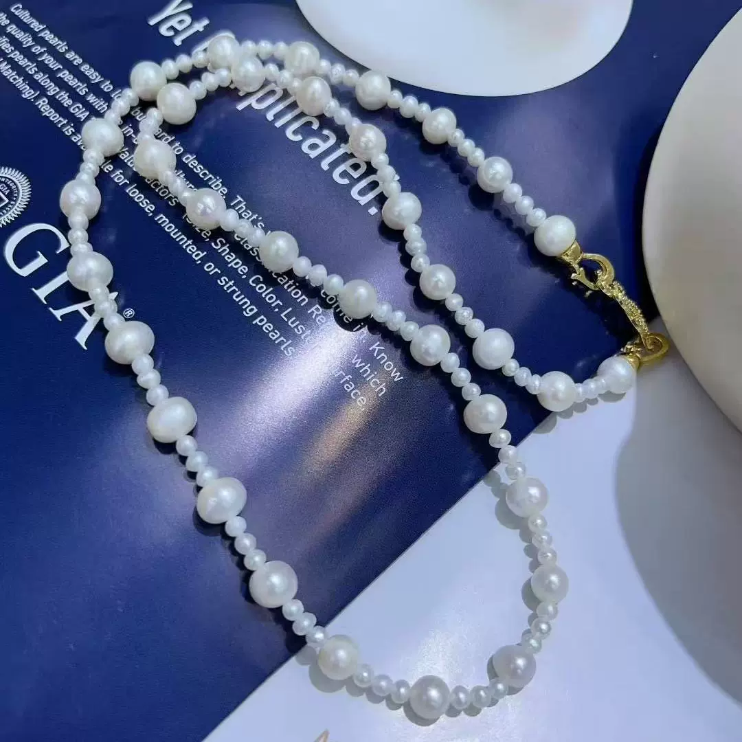 小珍珠3-4mm 大珠8-9MM天然淡水白珍珠 大牌同款环扣项链长60cm