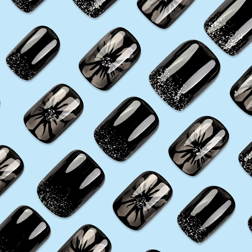 Hielo a través de crisantemo negro dulce y cool manicure parche de uñas corto brillo de polvo parche de uñas flores de venta caliente en Europa y América para usar uñas