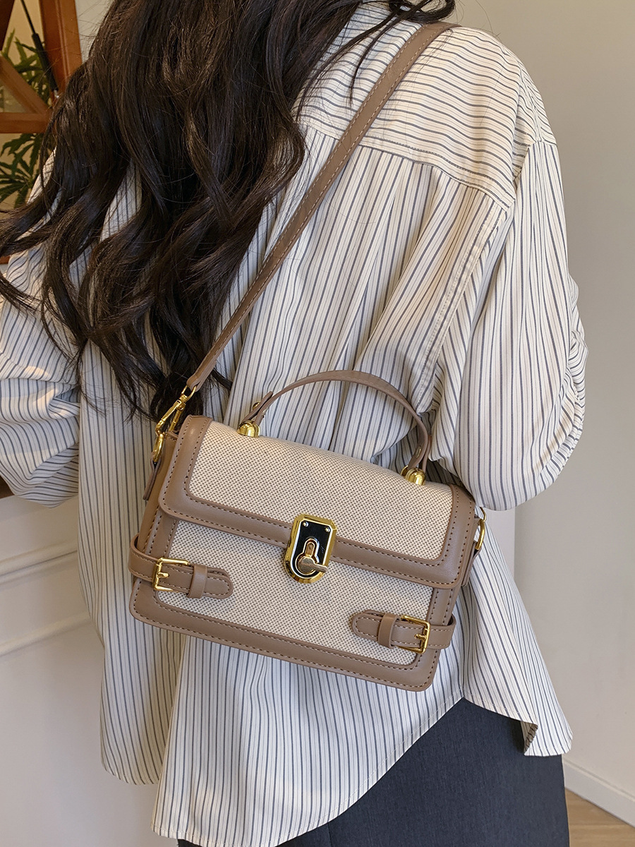 Bolso de mano de alta calidad para mujer 2025 nuevo bolso cuadrado pequeño con costuras de color en contraste retro textura de lino bandolera para mujer