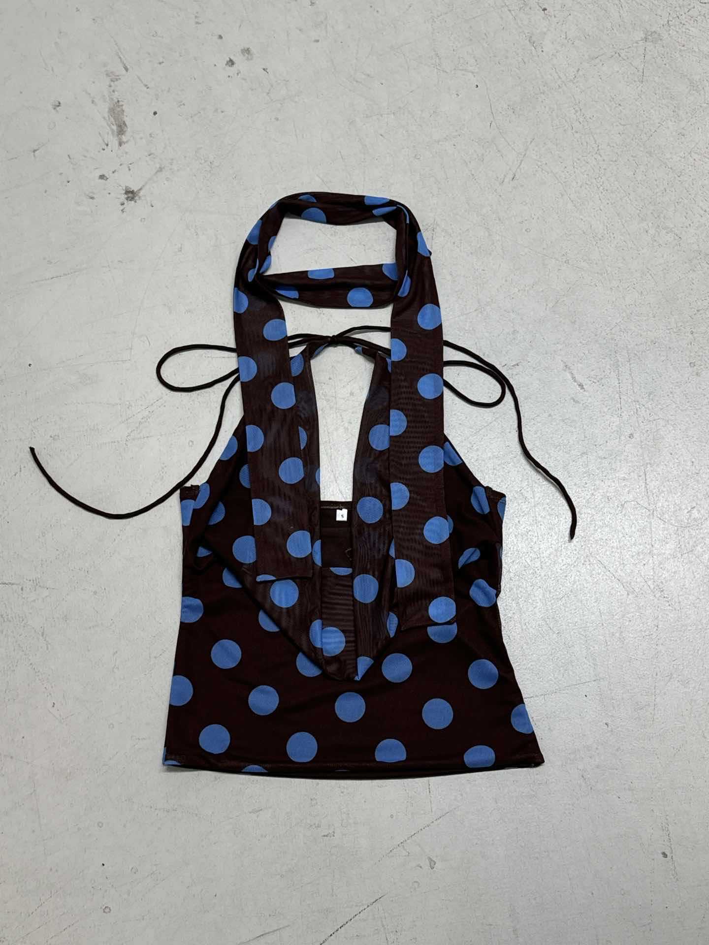 Polka Dot Print Swing Collar Small Sling Sexy Big Backless Scarf Lace up Vest Top for Women