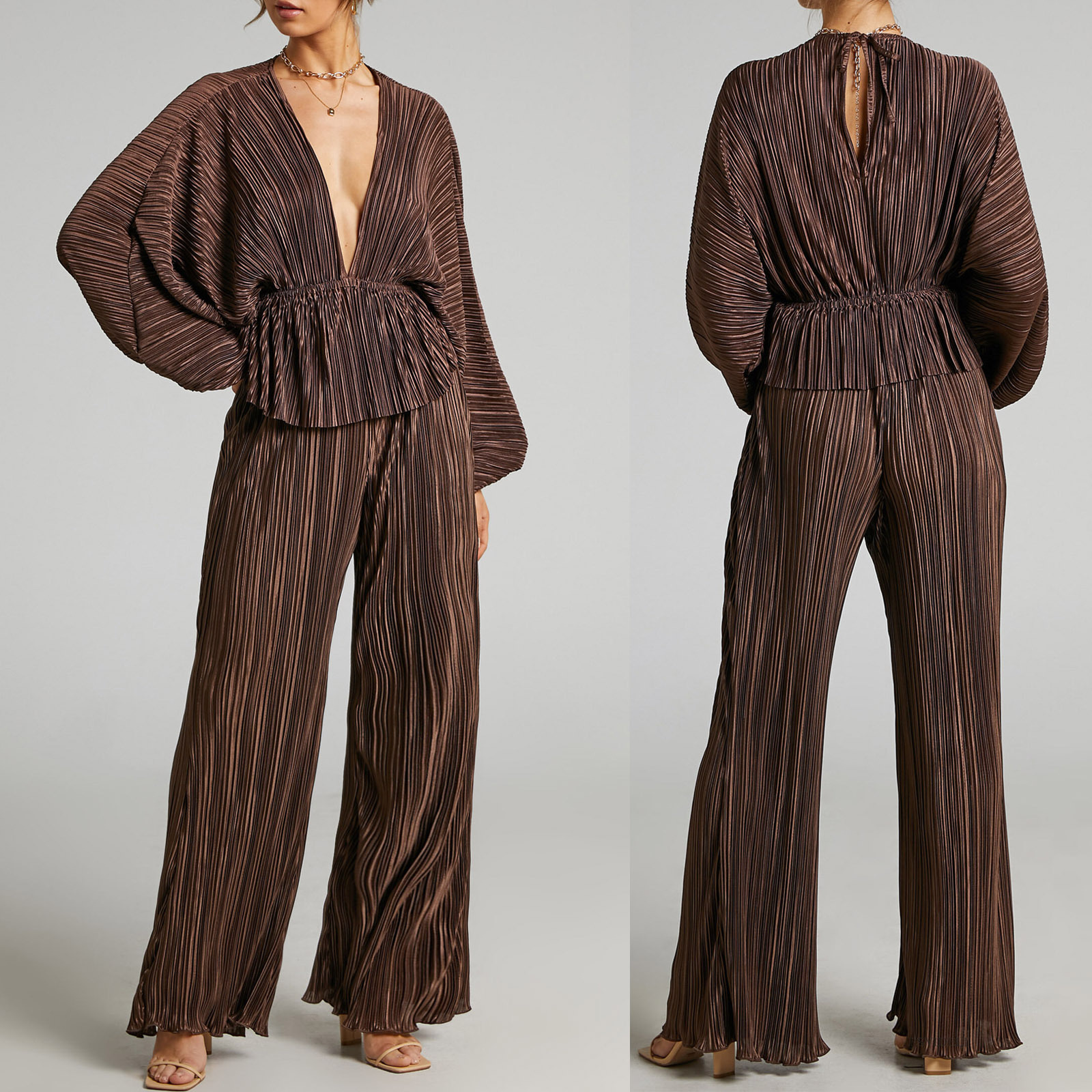 364g Weight Long Sleeve Sleeve Length Daily Women'S Fashion Solid Color Polyester Pleated Pant Co-ord Set Pants Sets