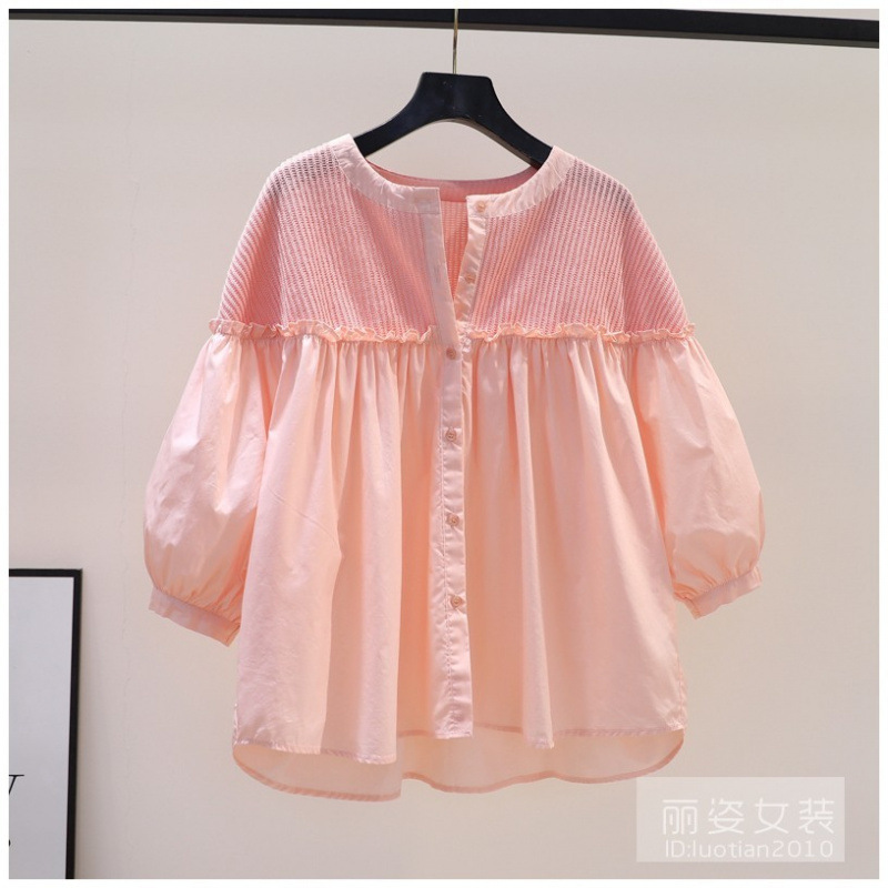 童装2025春夏女童甜美泡泡袖七分袖衬衫女宝宝洋气娃娃衫拼接上衣|undefined