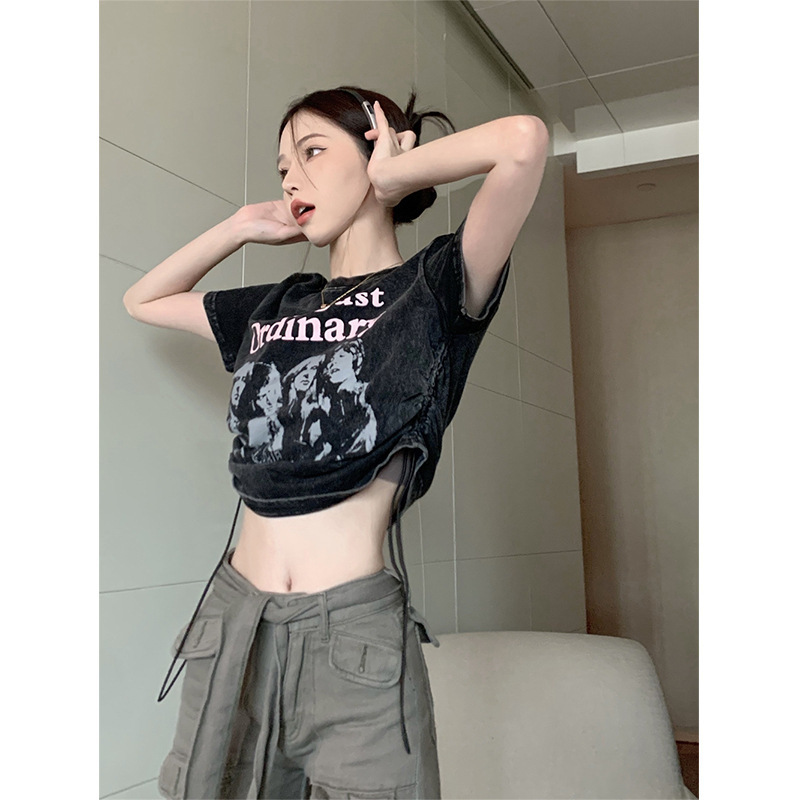Vintage Distressed Printed Couples Short-sleeved T-shirt Women's Summer Niche Design Drawstring Short Spice Girls Cropped Top