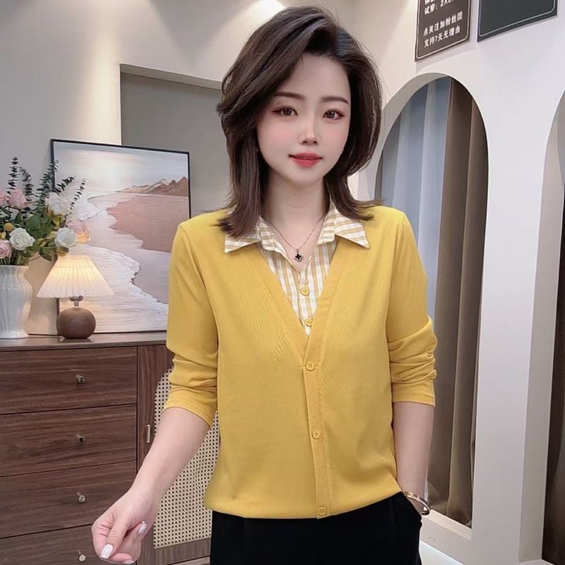2025翻领减龄百搭春夏新款女装衬衫显瘦拼接格子领假两件女士上衣|undefined