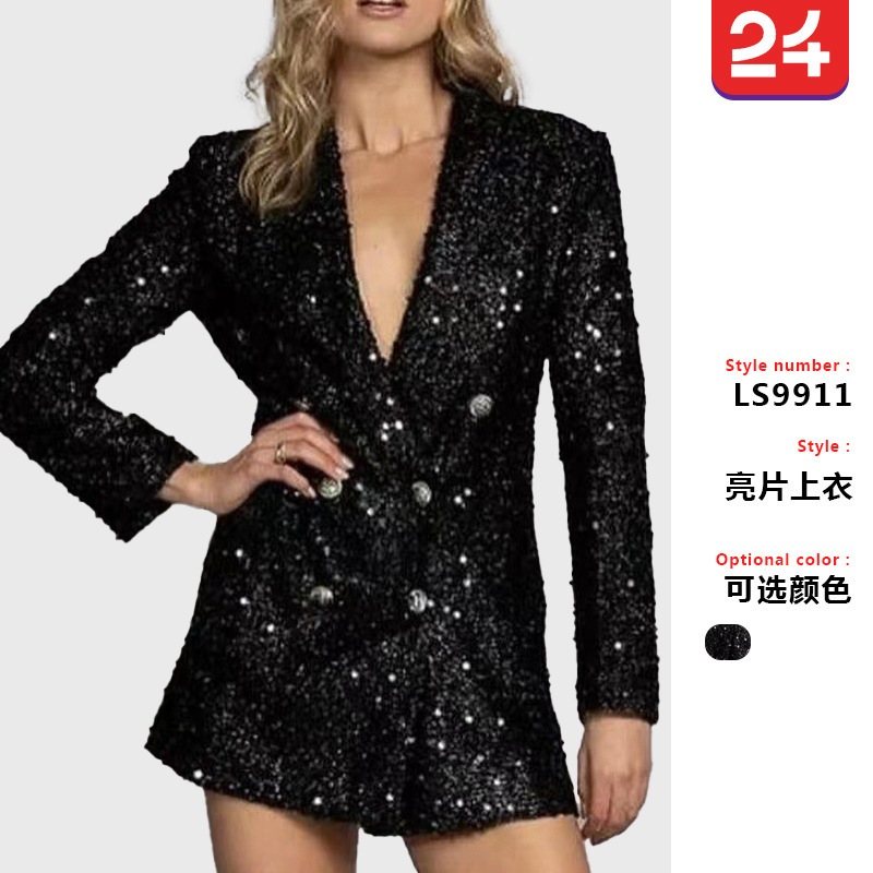 Cross-Border New European and American Fashion Style V-Neck Elegant Blazer Double-Breasted Black Sequin Slim-Fit Long Coat
