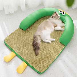 猫窝夏季凉席窝大眼怪兽造型藤席靠枕一体宠物睡垫猫咪狗狗降温四