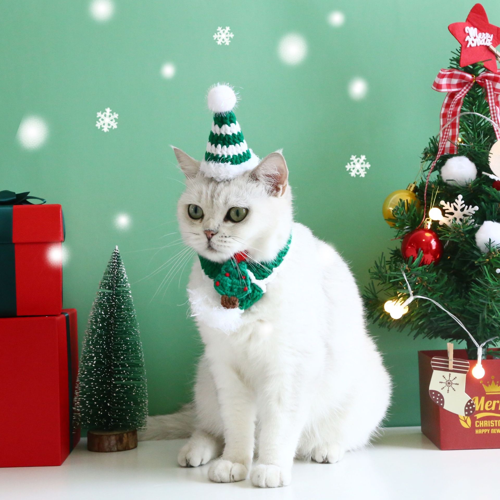 Mascota gato de peluche conejo perro lana punto gancho la mano Navidad árbol ancianos bufanda babero caliente Decoración