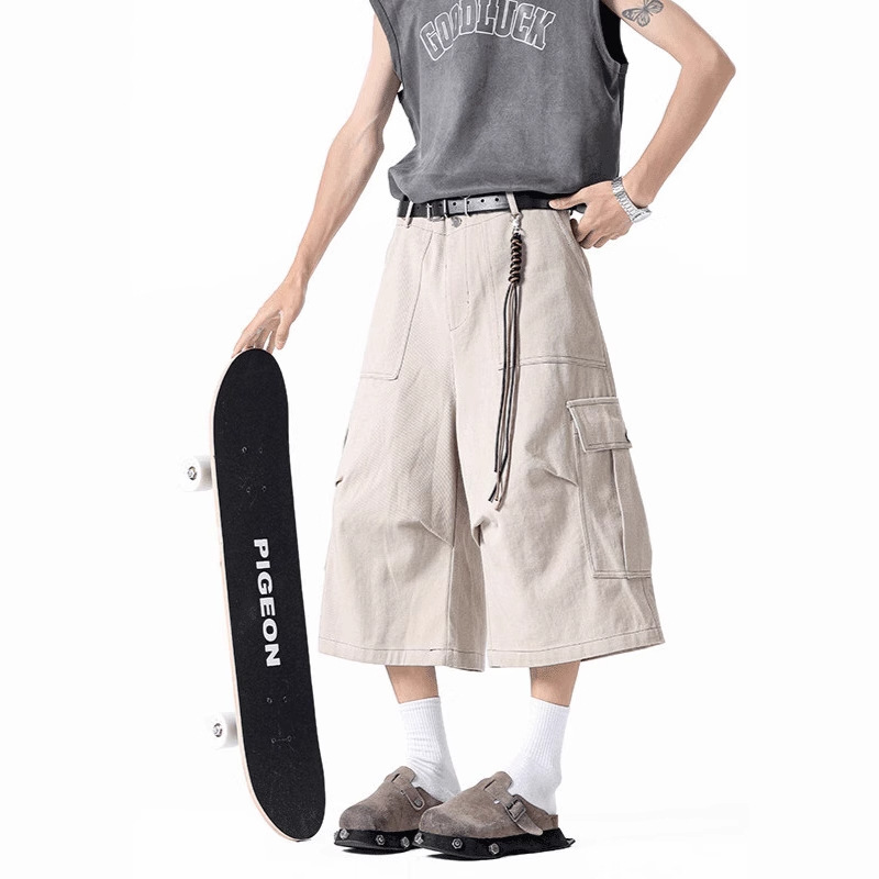 apricot Large Pocket Tooling Shorts Men's Summer American Style Street Straight Skate Pants cleanfit Capri Pants