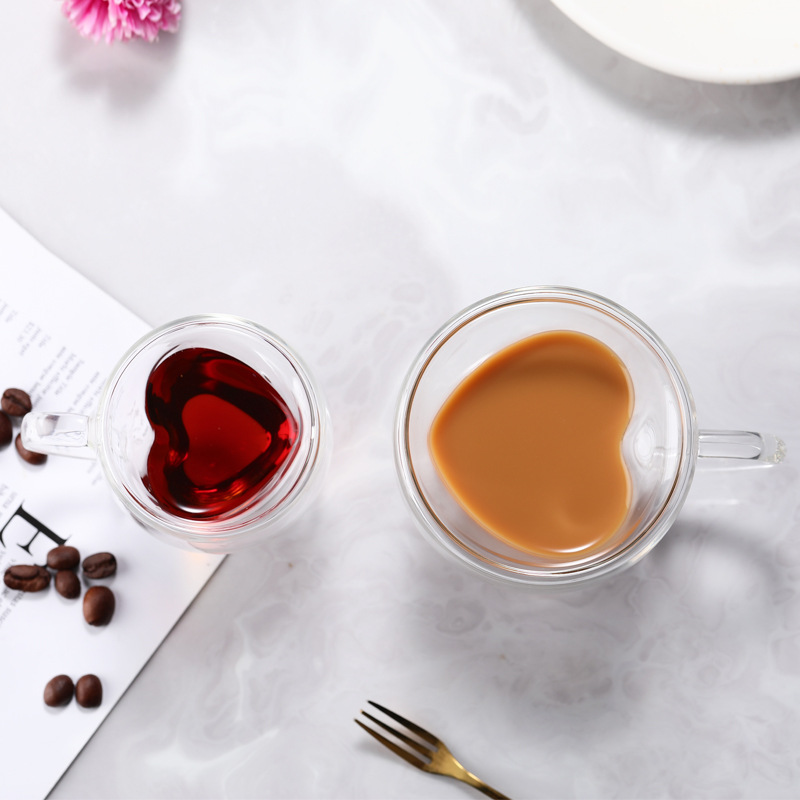 High Borosilicate Glass Cup, Simple Insulation Anti-Scald Juice Milk Coffee Glass Water Cup Heart Shaped Double Layer Glass Cup