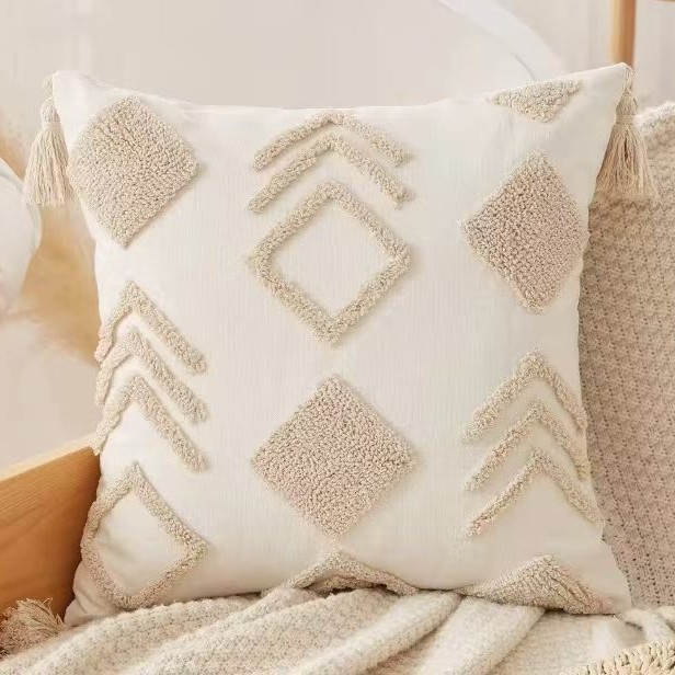 Cream lienzo bordado funda de almohada estilo nórdico ligero lujo cojín de sofá geométrico decoración de hoteles residencial funda de almohada