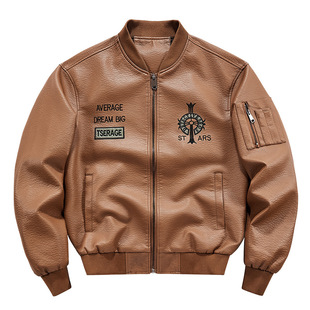 Men's Baseball Collar Biker Leather Jacket Plus Size Loose Casual Embroidered American Jacket for Foreign Trade Cross-Border