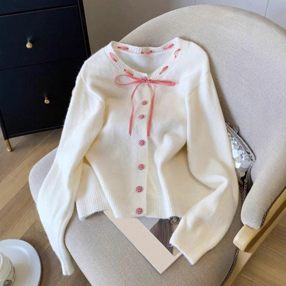 2025跨境法式毛衣甜美系格子织带毛衣别致包扣针织圆领开衫外套女