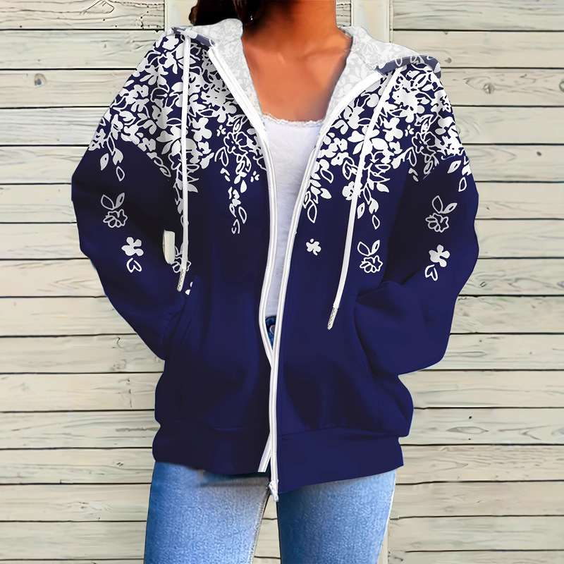 Plus Size Women's Clothing 2025 Autumn and Winter European and American Style Solid Color Floral Hooded Zipper Jacket Amazon Long-Sleeve Comfortable Casual Plus Size Women's Clothing 2025 Autumn and Winter European and American Style Solid Color Floral Hooded Zipper Jacket Amazon Long-Sleeve Comfortable Casual