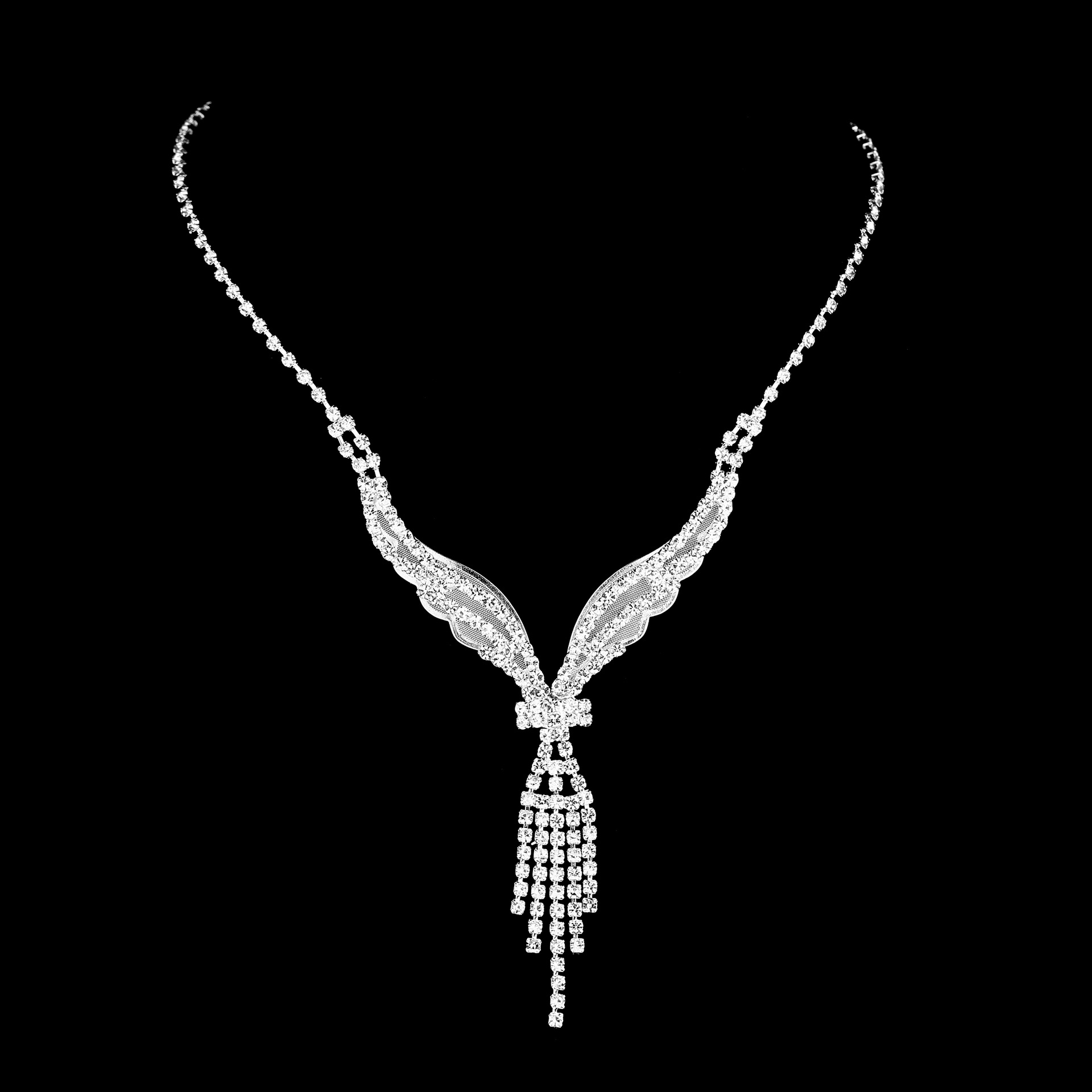 New Bridal Necklace Earrings Jewelry Crystal Pendant Tassel Long Set