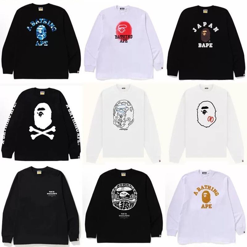 Cross-border foreign trade Japanese-style trendy brand BAPE ape head long-sleeve T-shirt with shark cartoon print, unisex base shirt Cross-border foreign trade Japanese-style trendy brand BAPE ape head long-sleeve T-shirt with shark cartoon print, unisex base shirt
