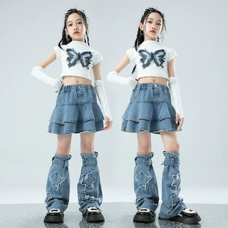 儿童街舞服演出服蓝蝴蝶短袖套装hippo潮流嘻哈风牛仔演出服炫酷